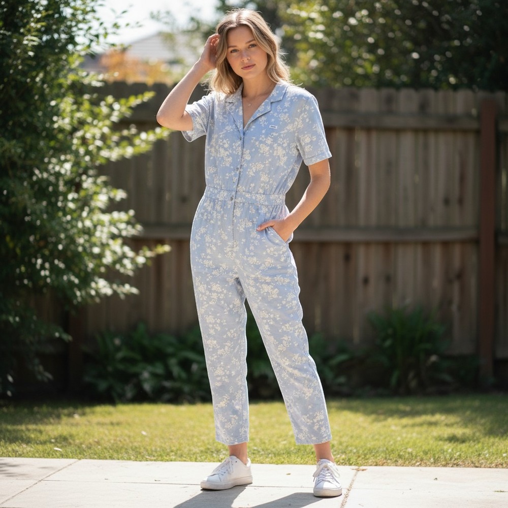 RVCA Women Light Blue Floral Short Sleeve Jumpsuit Small Notched Collar Utility